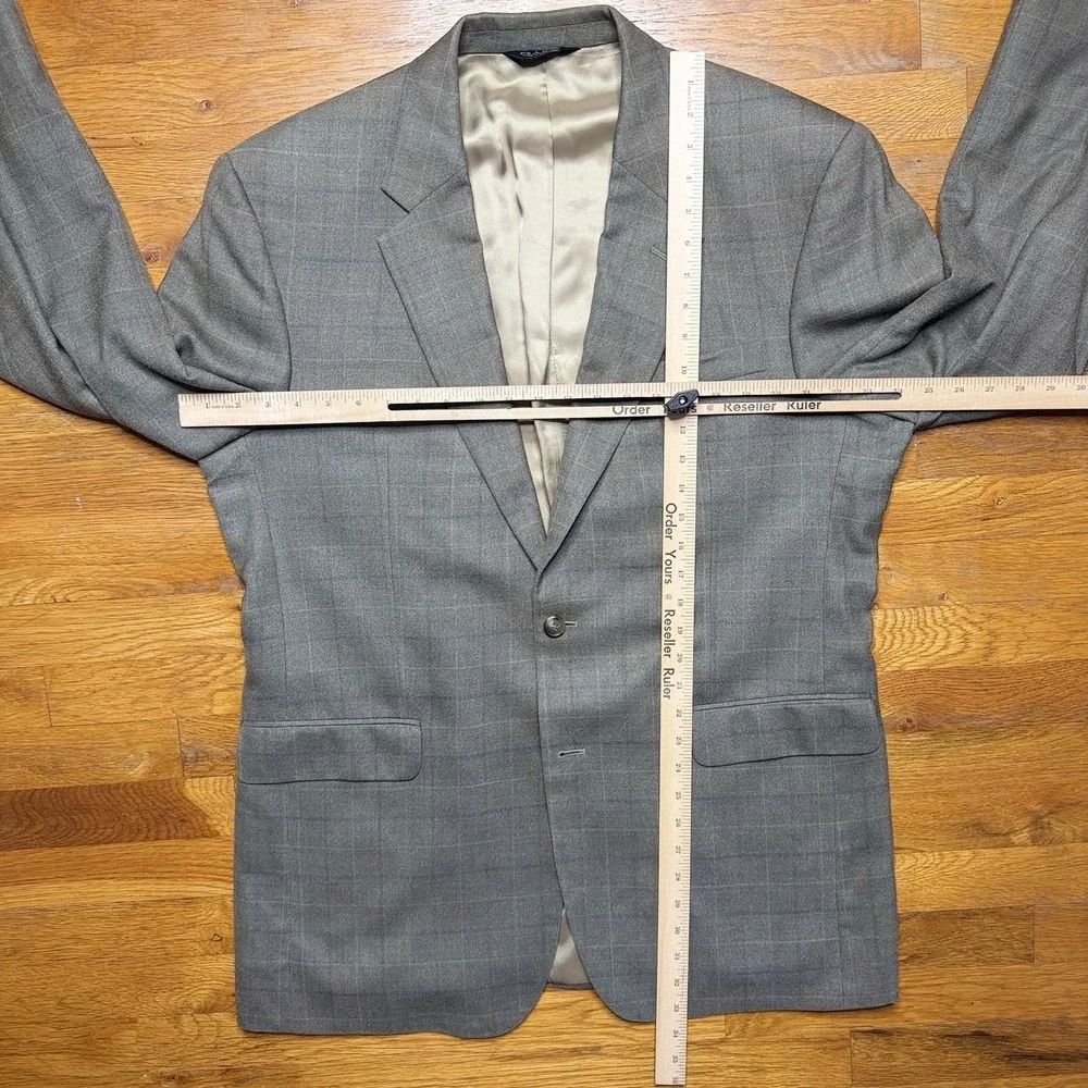 Jos A Bank Executive Collection Blazer 44L Plaid Tan Blue Silk Wool Sport Coat
